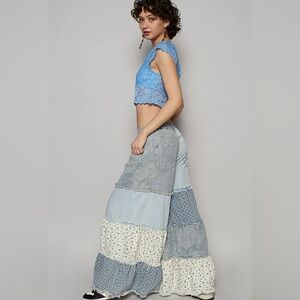 POL roomy fit palazzo jeans in woven with varied textured and printed patchwork